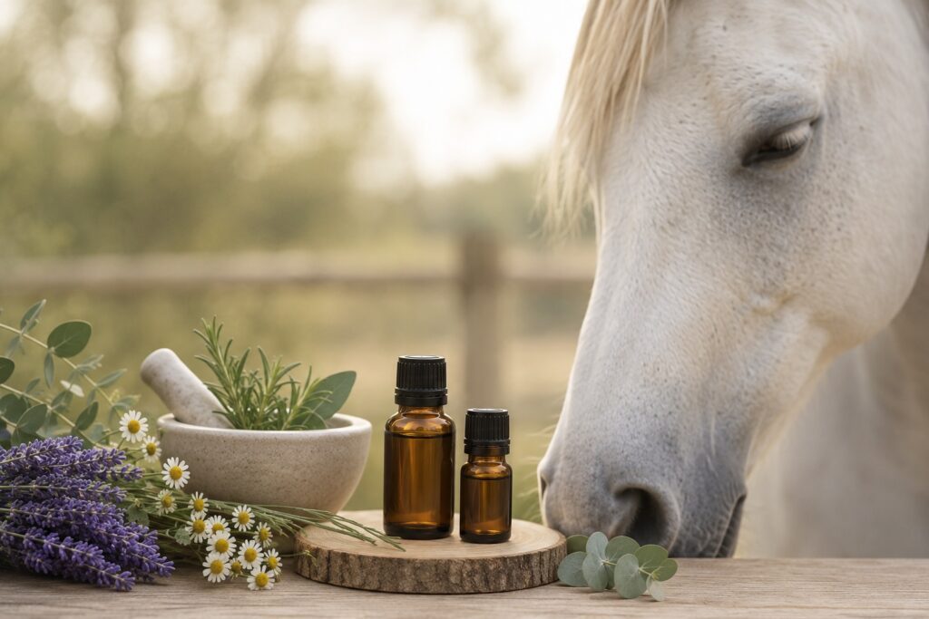Huiles essentielles utilisées en complément d’une approche globale du bien-être du cheval.